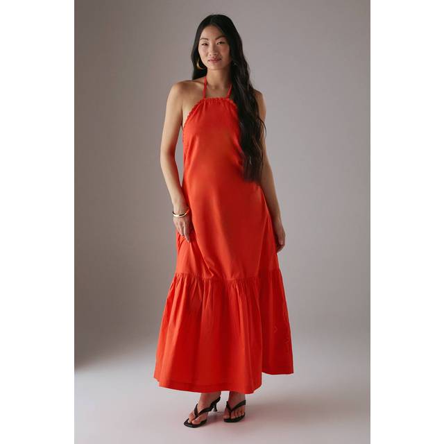 Womens Petite Poplin Crochet Trim Drop Waist Midi Sundress - red - Red - 12