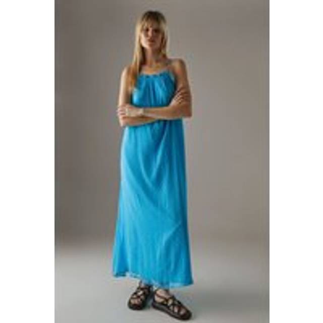 Womens Marble Dobby Chiffon Halter Ruffle Maxi Dress - azure - Azure - 14