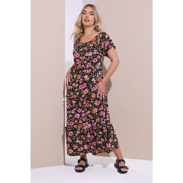 Yours Curve Black Floral Tiered Frill Maxi Dress, Women's Curve & Plus Size, Yours - 22-24