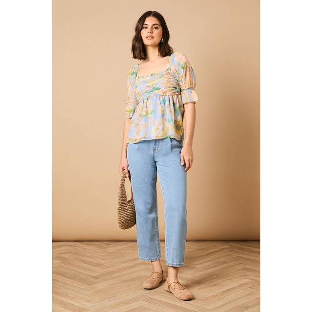 Floral Ruched Bodice Babydoll Blouse - Blue - 16