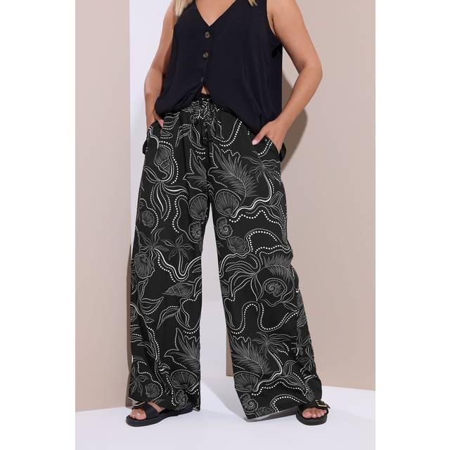 Yours Curve Black Shell Print Wide Leg Trousers, Women's Curve & Plus Size, Yours - 24