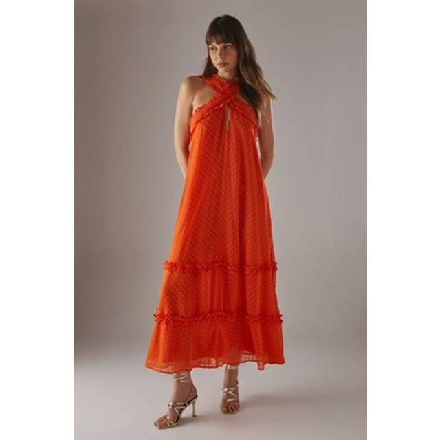 Womens Dobby Chiffon Frill Halter Tier Ruffle Maxi Dress - orange - Orange - 12