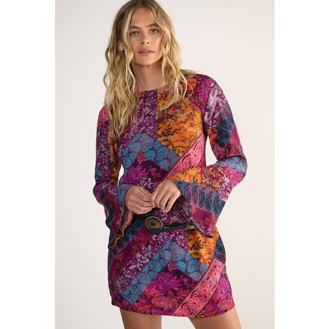 Womens Floral Patchwork Tie Back Fluted Sleeve Mini Tunic Dress - Multi - 6