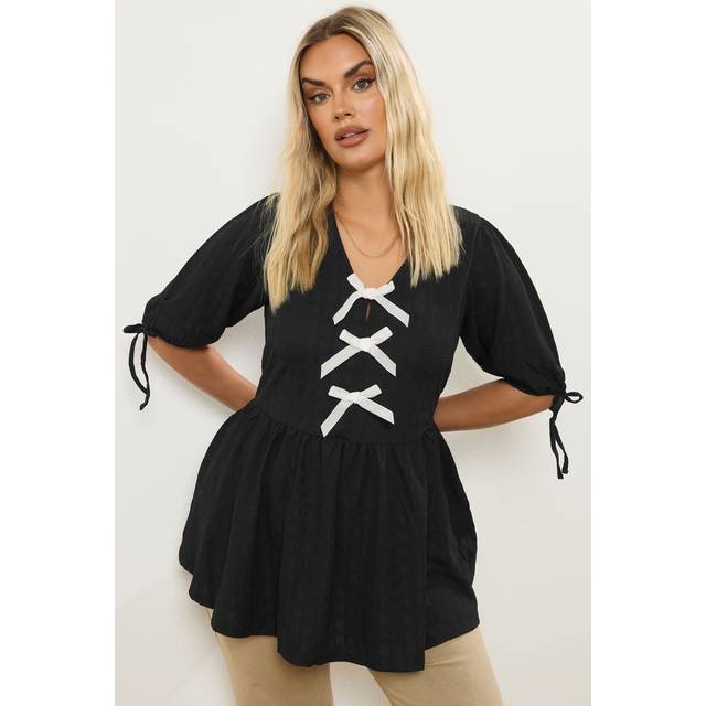Yours Curve Black Textured Bow Tie Front Top, Women's Curve & Plus Size, Yours - 20