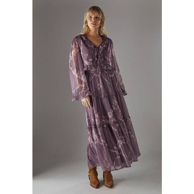Womens Metallic Chiffon Tier Maxi Skirt - Purple - 12