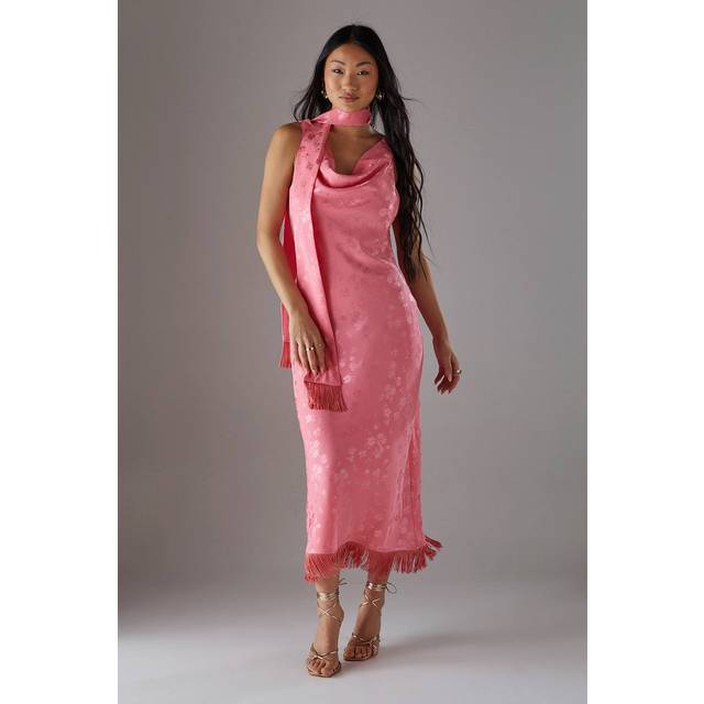 Petite Satin Jacquard Cowl Scarf Neck Fringe Midi Slip Dress - Pink - 6
