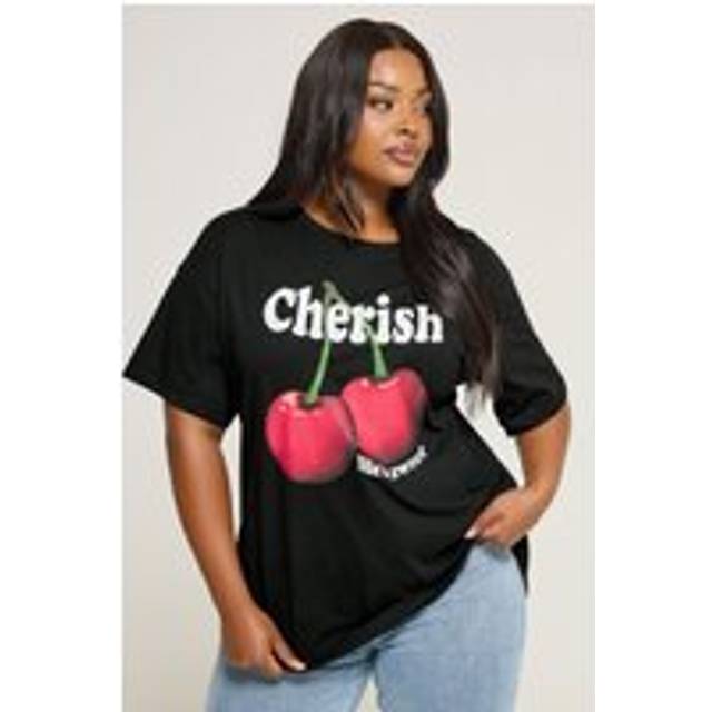 Yours Curve Black 'Cherish' Cherry Slogan Tshirt, Women's Curve & Plus Size, Yours - 20