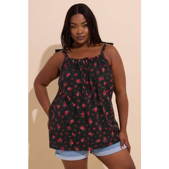 Yours Curve Black Floral Tie Front Cami Top, Women's Curve & Plus Size, Yours - 20