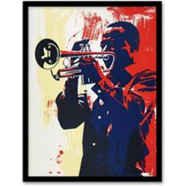 Jazz Music Trumpet Player Portrait Graphic Design Framed Art Print - Red - W12 inch x H16 inch