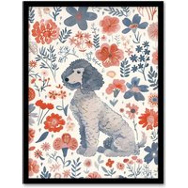 Dog Lover Grey Poodle With Pink Flower Pattern Framed Wall Art - W12 inch x H16 inch