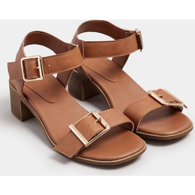 Brown Faux Leather Buckle Block Heel Sandals In Extra Wide eee Fit - 6EEE