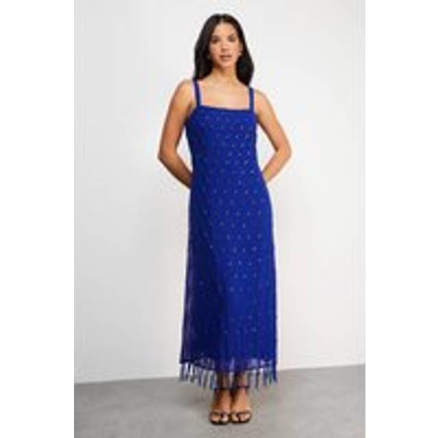 Womens Hand Embellished Strappy Sequin Fringe Hem Midi Dress - cobalt - Cobalt - 12