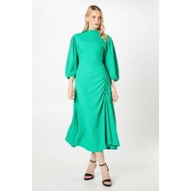 Principles womens fit flare dress green ruched balloon sleeves midi