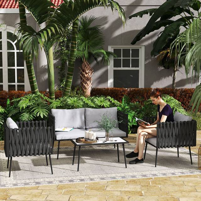 Outsunny 4 Piece Garden Furniture Set with Cushions for Patio, Light Grey, Grey