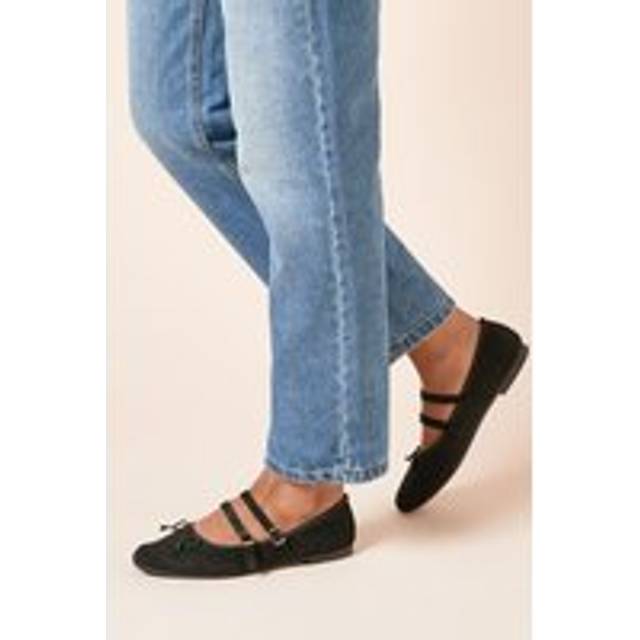 Womens Margaret Faux Suede Cross Strap Mary Jane Flat Ballet Pumps - Natural Black - 6