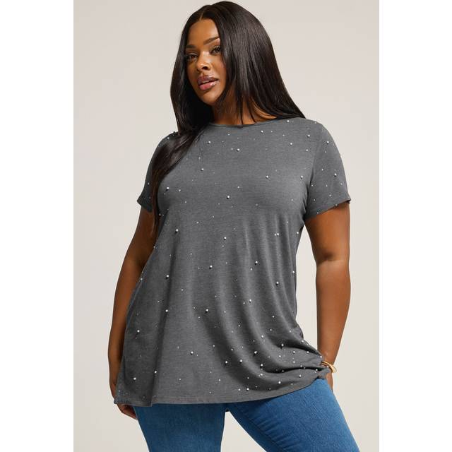 Yours Curve Grey Stud & Pearl Embellished Tshirt, Women's Curve & Plus Size, Yours - 20