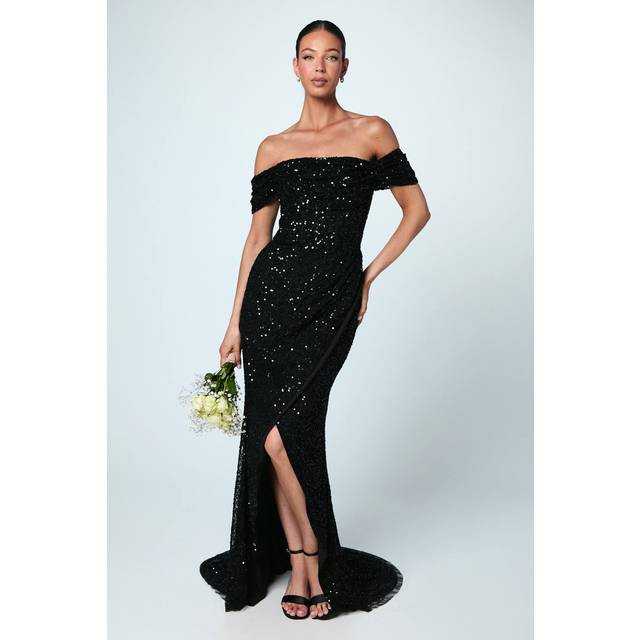 Sequin Bardot Maxi Bridesmaids Dress - Black - 8