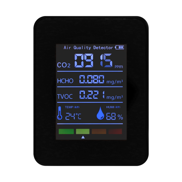 5 in 1 Air Quality Monitor, USB Rechargeable CO2 Detector Black