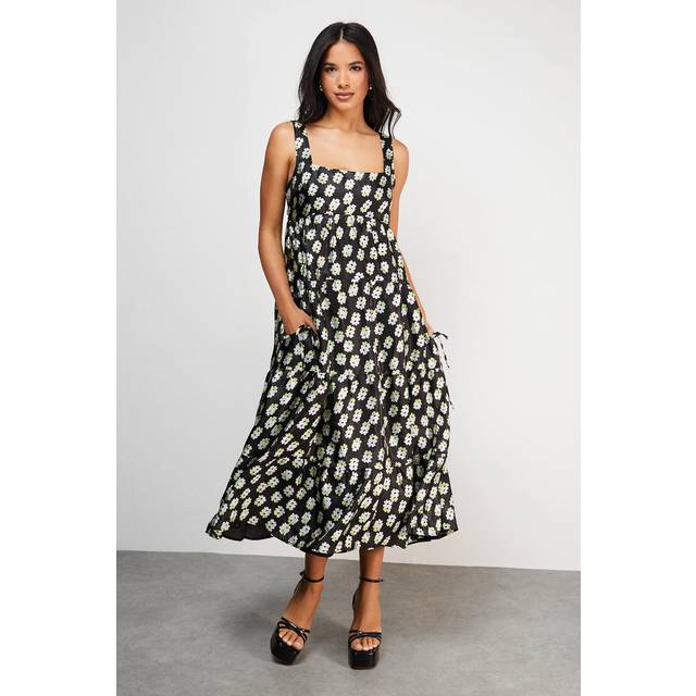 Womens Square Neck Smock Midi With Below Pocket - floral - Floral - 10