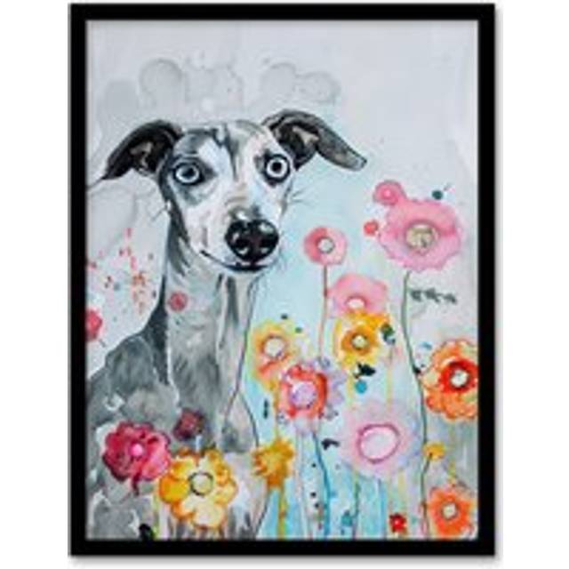 Dog Lover Whippet with Spring Flowers Watercolour Framed Wall Art - Blue - W12 inch x H16 inch