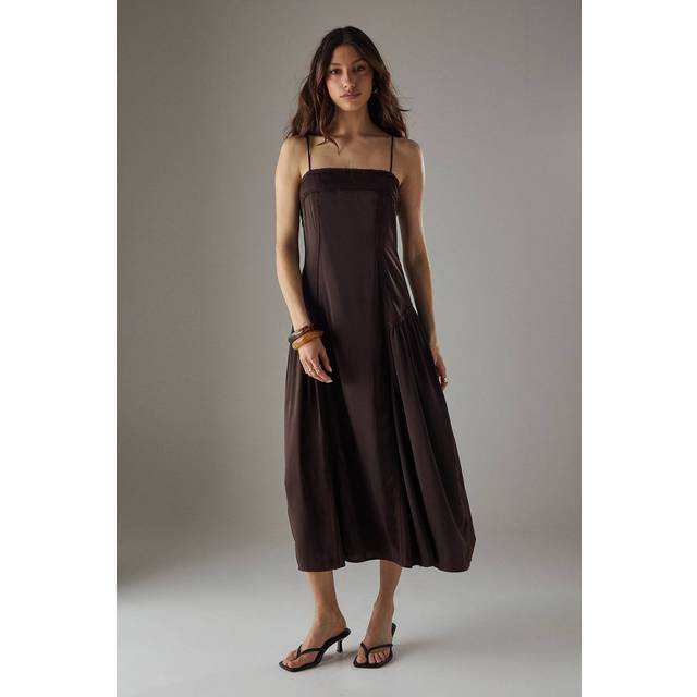 Womens Satin Lace Trim Detail Godet Strappy Midi Dress - chocolate - Chocolate - 12