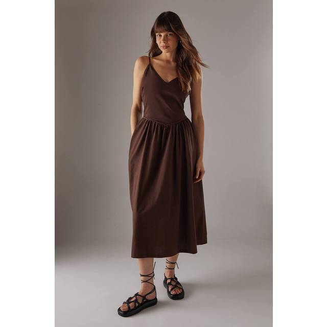 Womens Linen Blend Plunge Neck Midi Sundress - Brown - 8