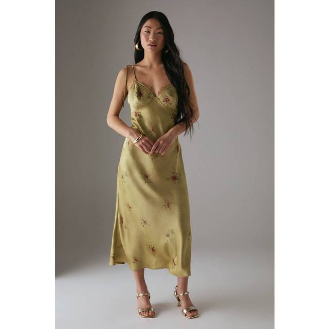 Womens Petite Rose Satin Tie Strap Lace Detail Midi Slip Dress - Yellow - 14