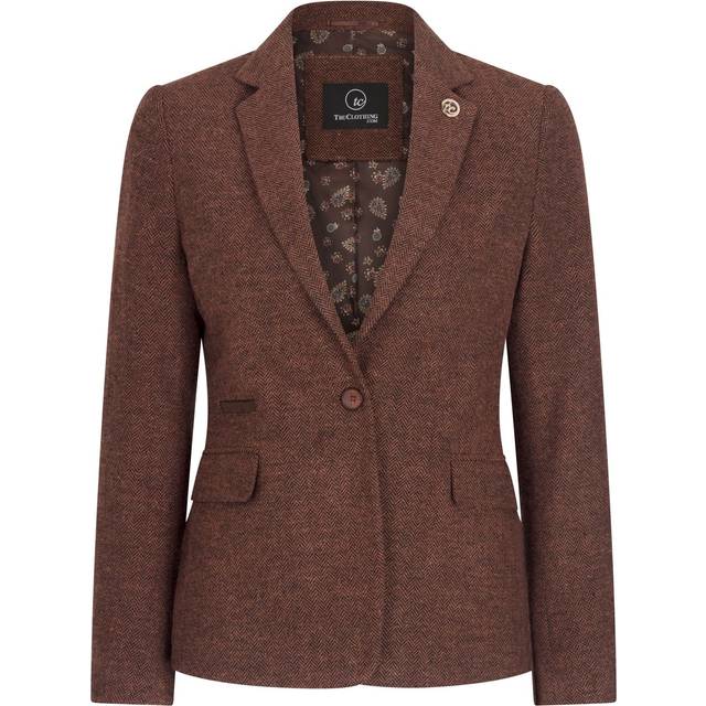 Women's Herringbone Wool Tweed Check Blazer - Brown - 18