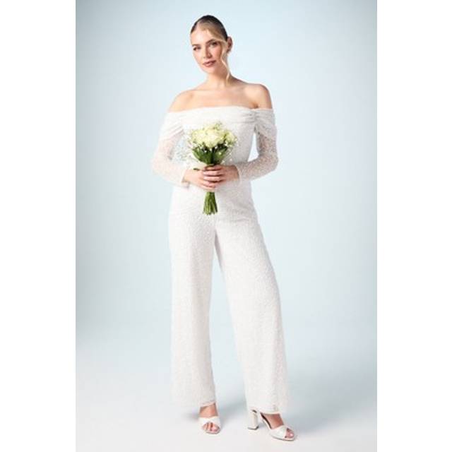 Bardot Long Sleeve Corset Bridal Jumpsuit - Ivory - 10