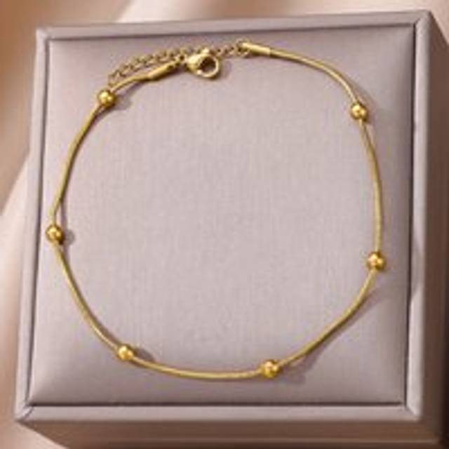 Brass Beaded Round Ball Minimalist Boho Slim Foot Payal Anklet - Gold - 10 inches