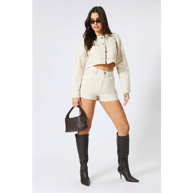 Womens Pocket Detail Crop Denim Jacket - Cream - 14