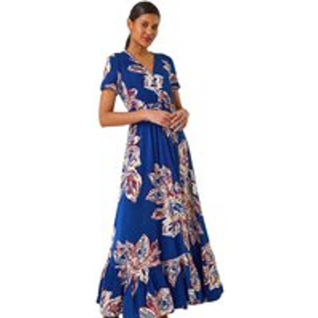 Leaf Print Shirred Maxi Dress - Blue - 12