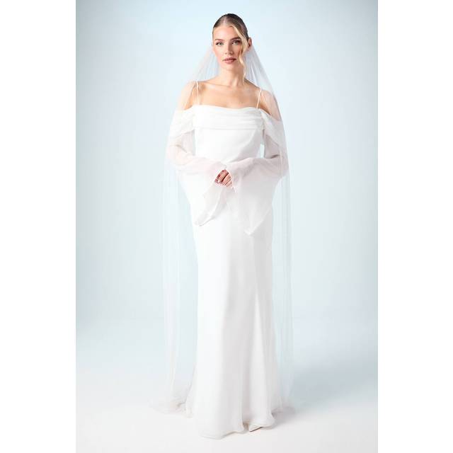 Flare Sleeve Cowl Neck Chiffon Beach Wedding Dress - Ivory - 12
