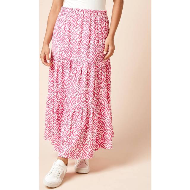 Womens Petite Printed Tiered Maxi Jersey Skirt - Pink - 16