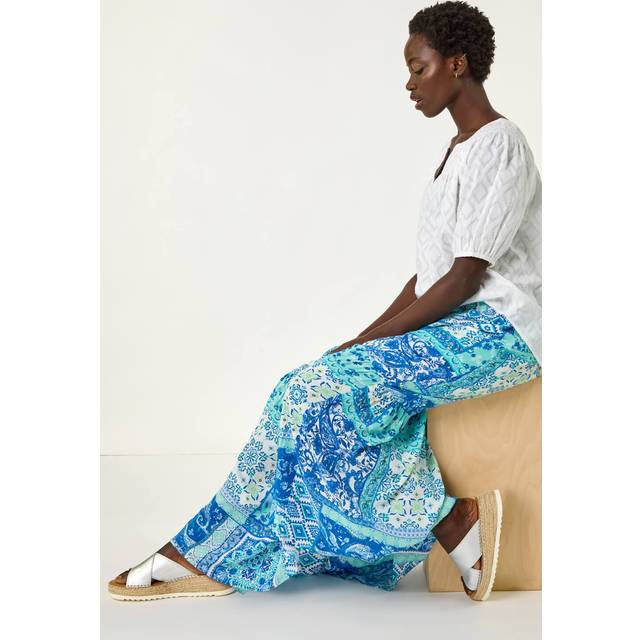 Roman Light Blue Patchwork Shimmer Tiered Maxi Skirt - Size 18