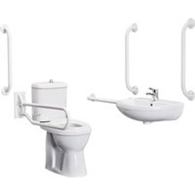 Pack - Comfort Height Pan, Cistern, Toilet Seat, Wall Mount Basin, Tap, 5 Grab Rails & Drop Down Rail - White