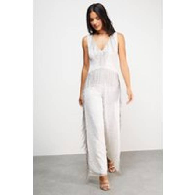 Womens Hen Hand Embellished Plunge Neck Sequin Fringe Jumpsuit - ivory - Ivory - 10