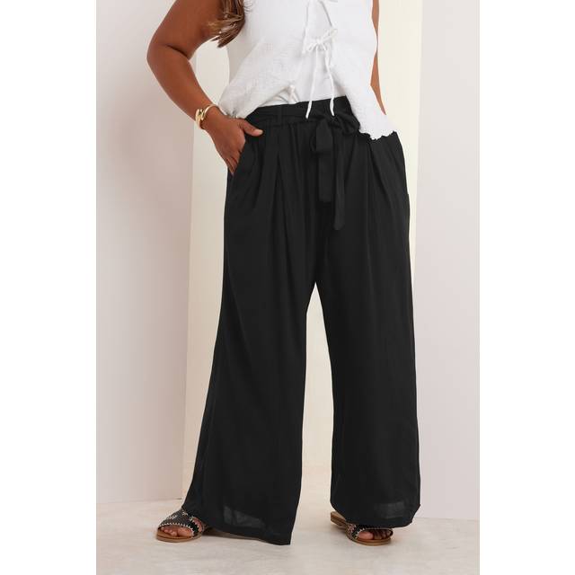 Yours Curve Black Tie Waist Crinkle Wide Leg Trousers, Women's Curve & Plus Size, Yours - 26-28