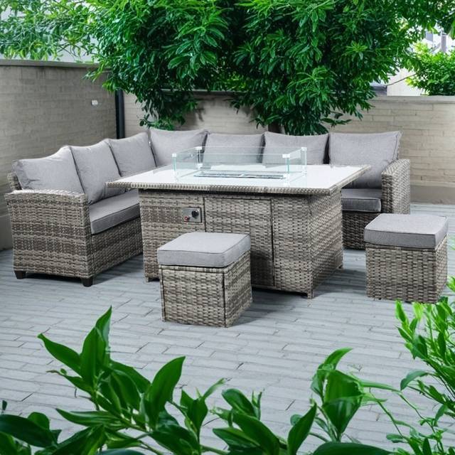 Outdoor Living The Conwy 8 Seater Gas Firepit Rattan Dining Set Dark Grey