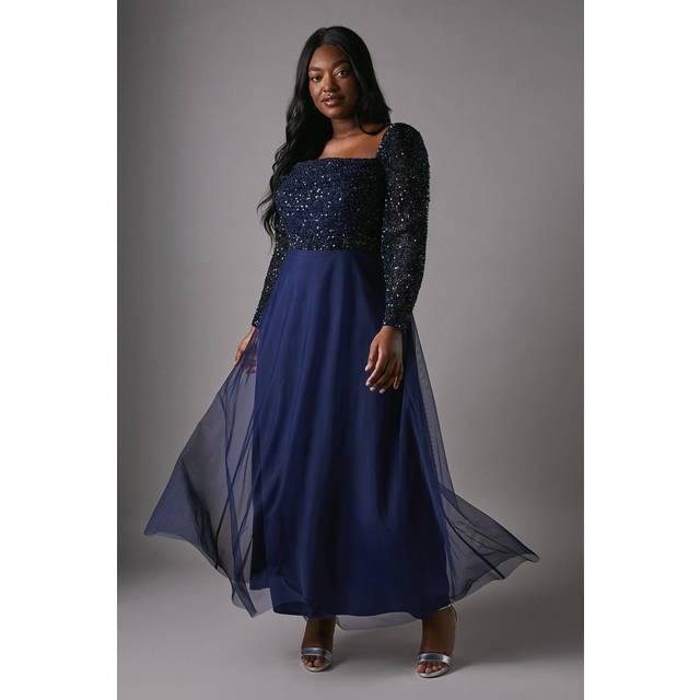 Plus Size Sequin Long Sleeve Corset Tulle Bridesmaids Dress - Navy - 22