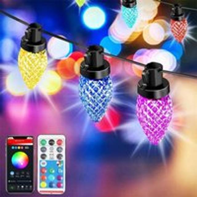 6M LED Outdoor Smart Garden Solar String Lights Festoon Lights with 15 Bulbs RGB Remote Control/APP Control - Multi - One Size