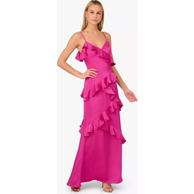 Satin Cascade Ruffle Slip Gown In Electric Passion - 4