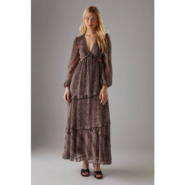 Womens Chiffon Cut Out Waist Ruffe Maxi Dress - animal - Animal - 8