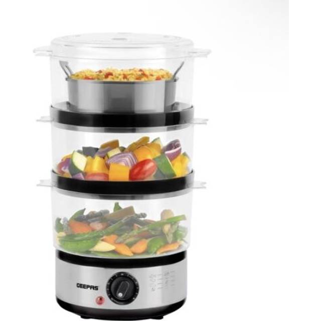 Geepas 3-Tier Food Steamer, 7.2L Electric Vegetable Steamer With 3 Removable Cooking Bowls - 400W - Stainless Steel;Clear (2.4ml)