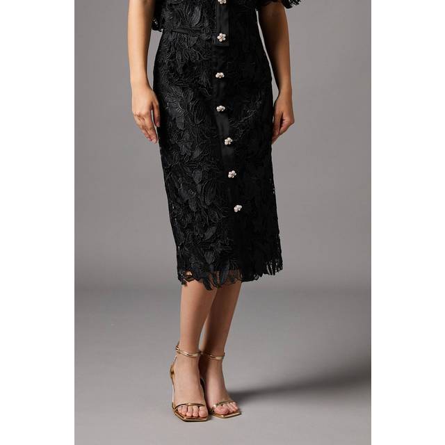 Lace Pearl Button Pencil Skirt - Black - 18