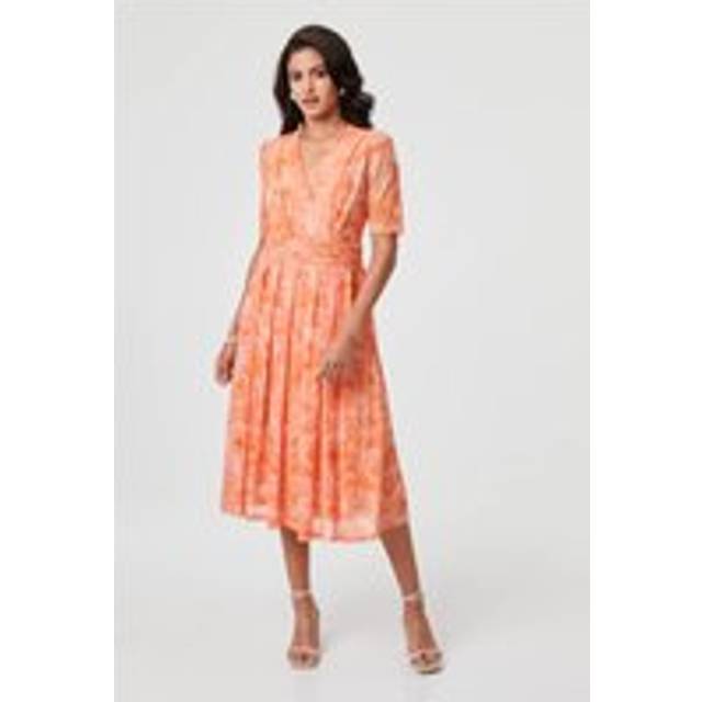 Izabel London Printed 3/4 Sleeve Ruched Midi Dress - Orange - 16