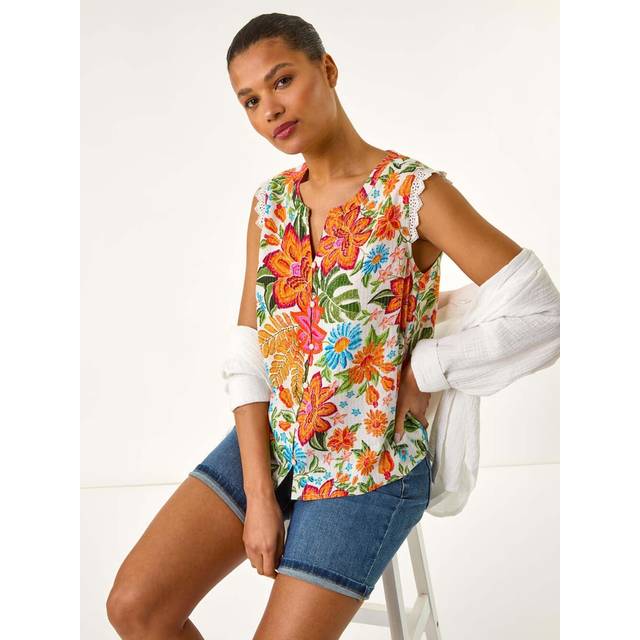 Floral Print Lace Detail Vest - Orange - 12