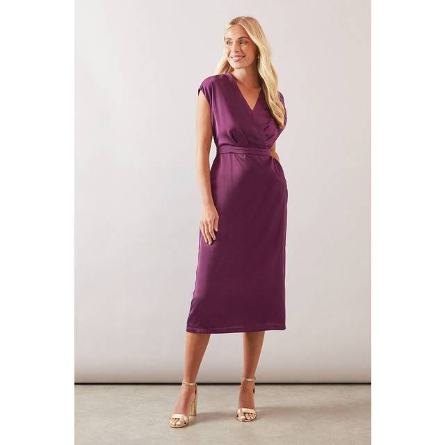 Womens Petite Satin Sleeveless Wrap Midi Dress - Plum - 12