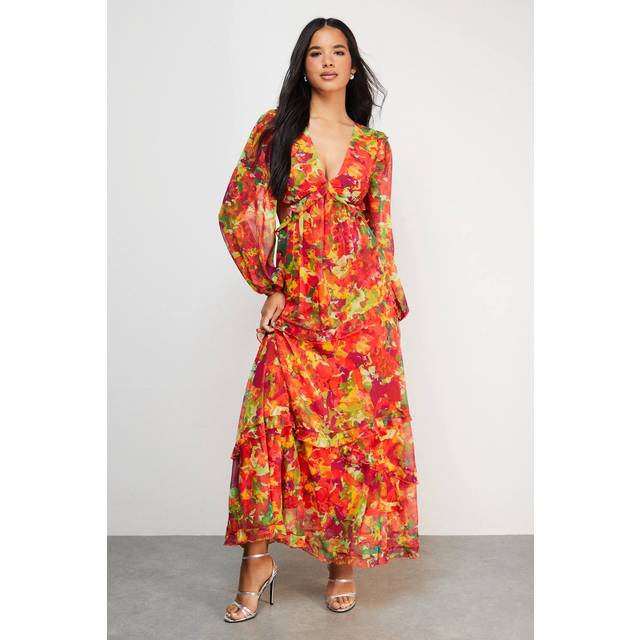 Womens Chiffon Cut Out Waist Ruffe Maxi Dress - floral - Floral - 14