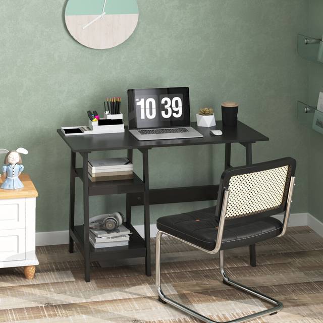 (Black) HOMCOM Computer Writing Desk w/ Shelf PC Workstation for Home Office